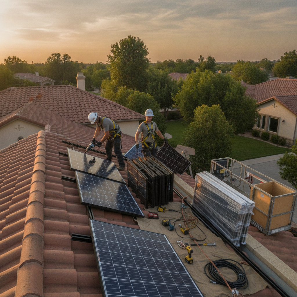 Create a realistic, professional service-business photograph showing Solar Panel Replacement from behind, with the backs of their heads visible. Do not show any faces, facial features, front-facing views or side views, profiles, or identifi