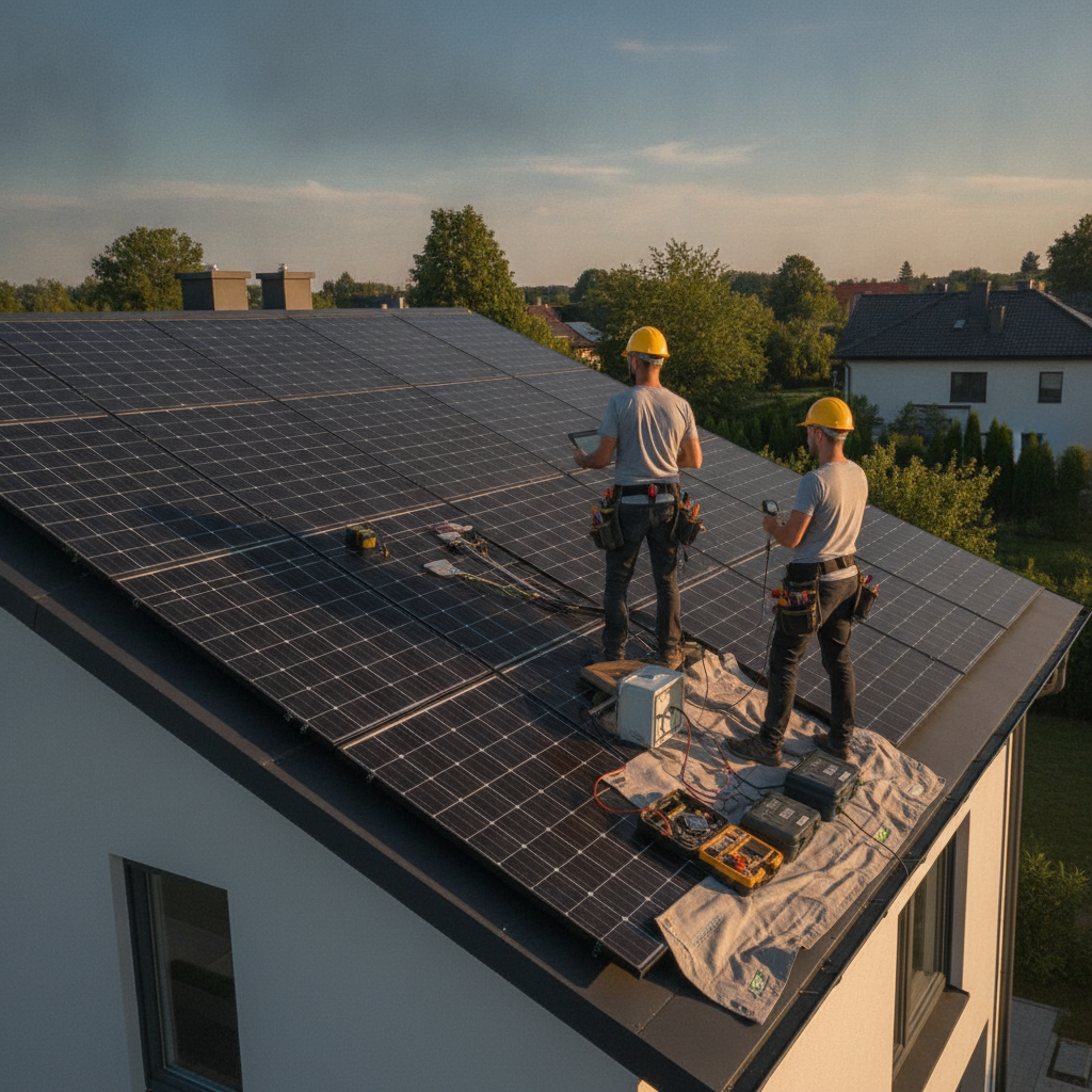 Create a realistic, professional service-business photograph showing Solar System Inspection from behind, with the backs of their heads visible. Do not show any faces, facial features, front-facing views or side views, profiles, or identifi