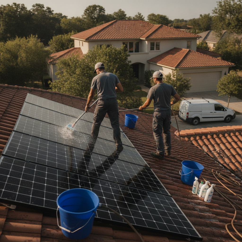 Create a realistic, professional service-business photograph showing Solar Panel Cleaning from behind, with the backs of their heads visible. Do not show any faces, facial features, front-facing views or side views, profiles, or identifiabl