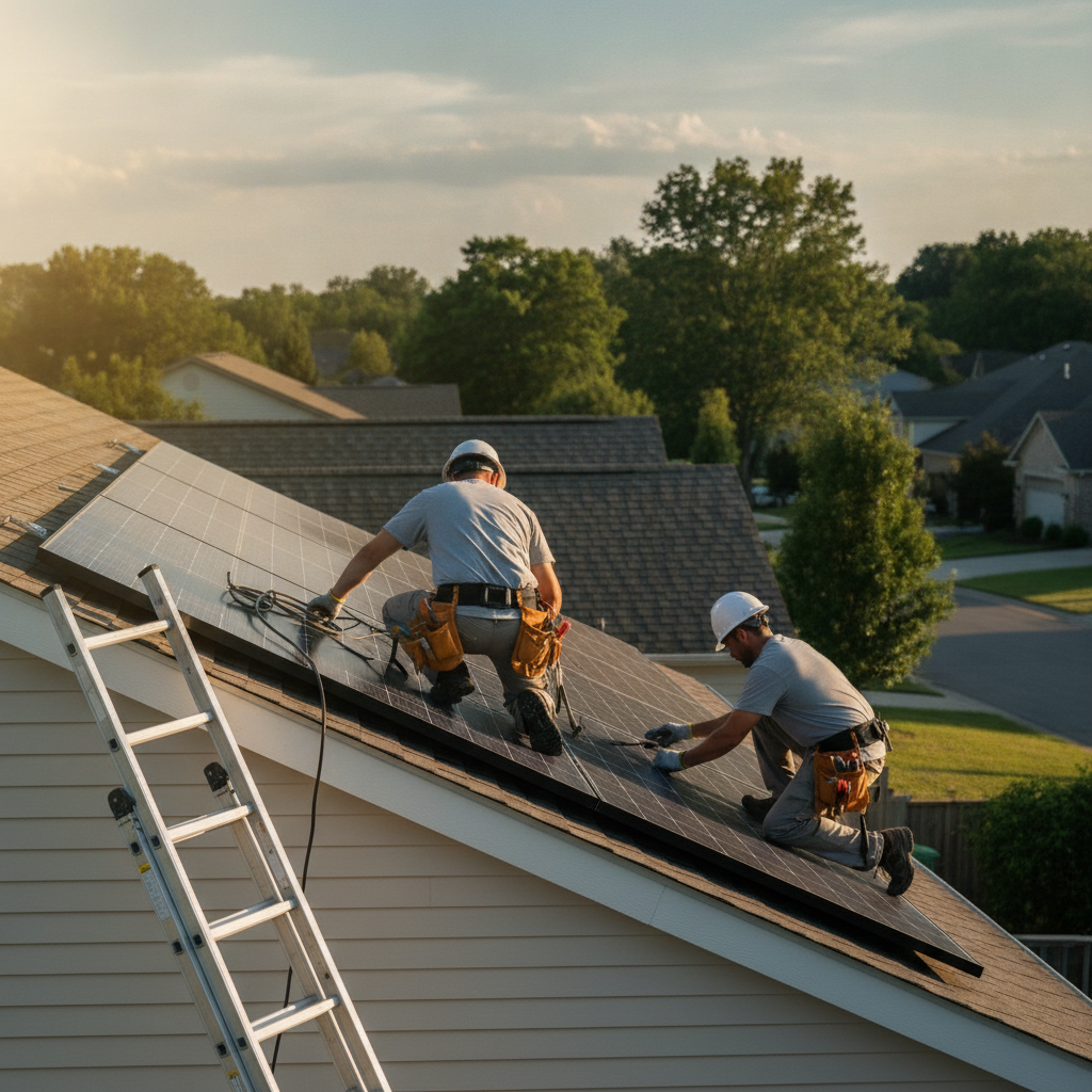Create a realistic, professional service-business photograph showing Solar Panel Repair from behind, with the backs of their heads visible. Do not show any faces, facial features, front-facing views or side views, profiles, or identifiable 